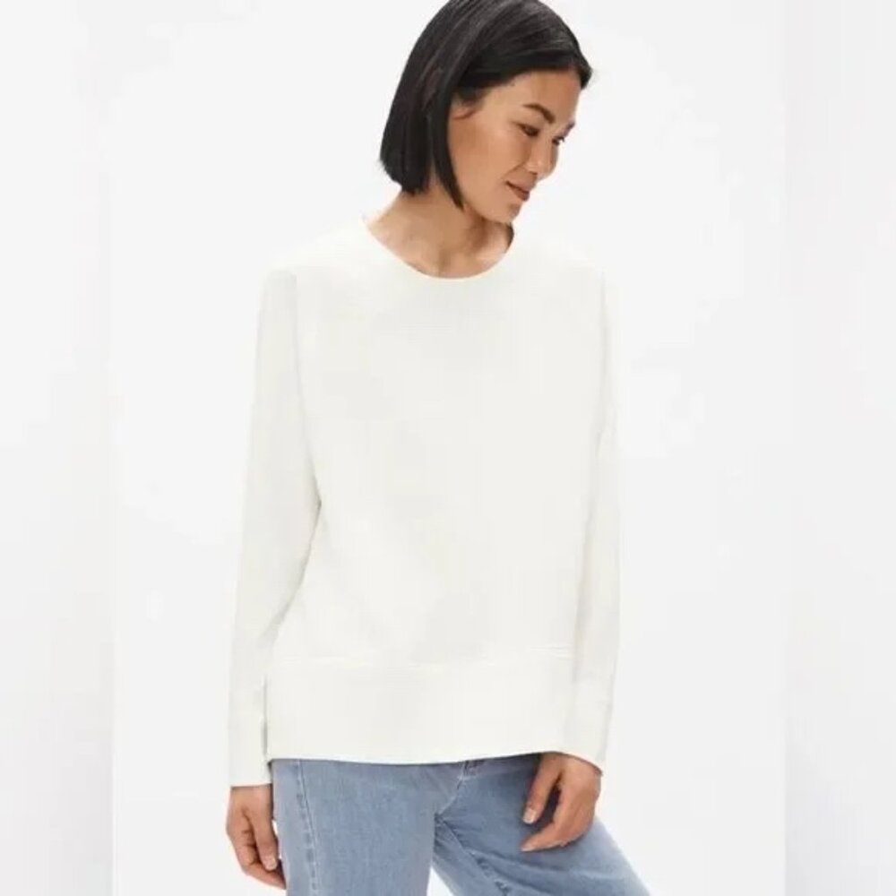 Eileen Fisher Flex Tencel Ponte Long Sleeve Round Neck Top in Ivory Large‎